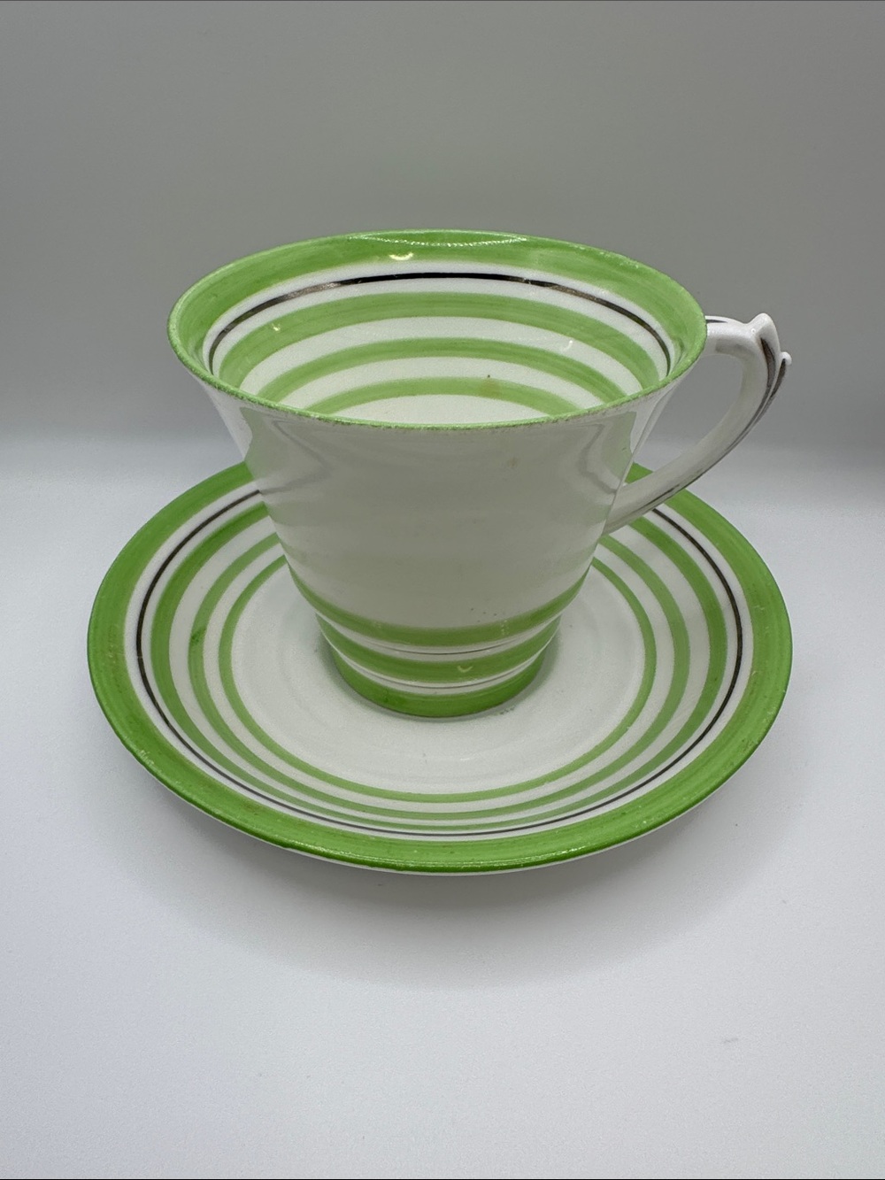 Vintage Roslyn China Green Hand-Painted Banded Teacup & Saucer Set